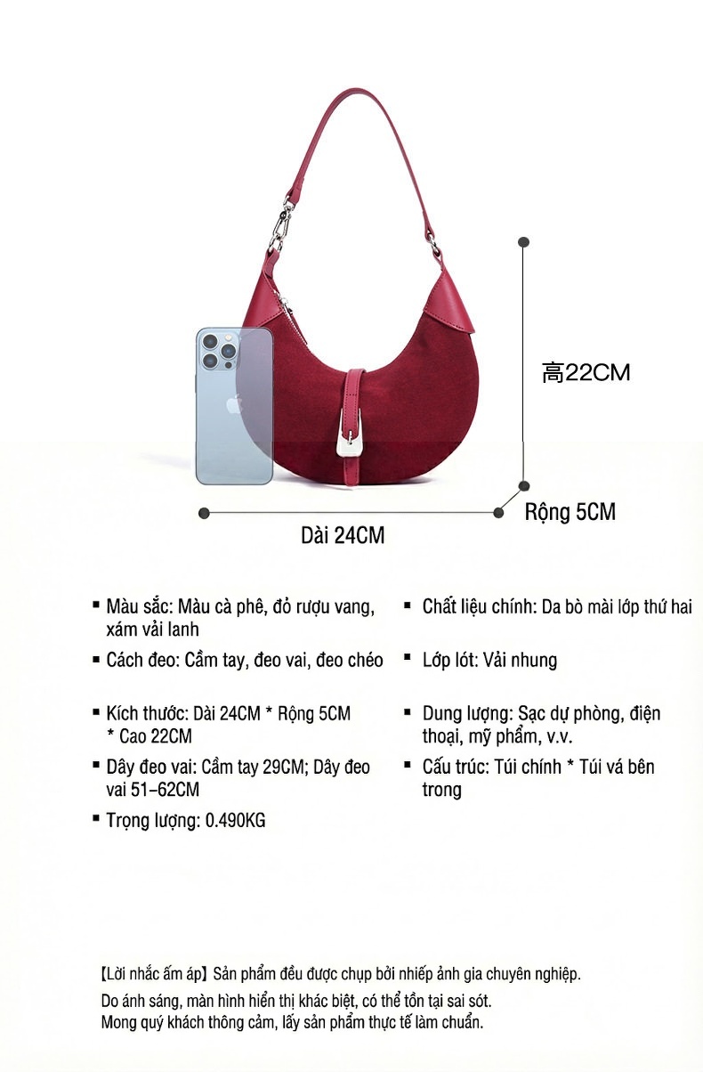 Túi Kẹp Nách Nữ Da Mờ Phong Cách Retro Màu Nâu, Xám, Đỏ chi tiết 8