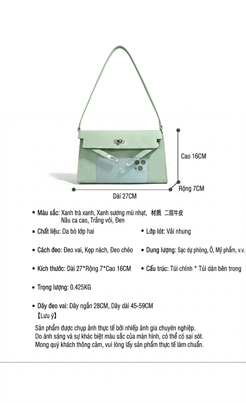 Túi Kẹp Nách Nữ Da Thật Vân Cá Sấu Phong Cách Âu Mỹ Cao Cấp Màu Xanh Mint, Kem, Nâu chi tiết 9