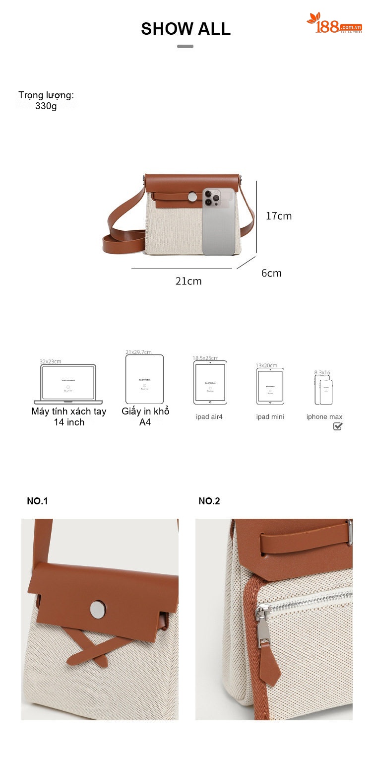 Túi Kẹp Nách Nữ Vải Canvas Mini Herbag Đeo Chéo Màu Trắng Kem, Nâu, Đen chi tiết 2