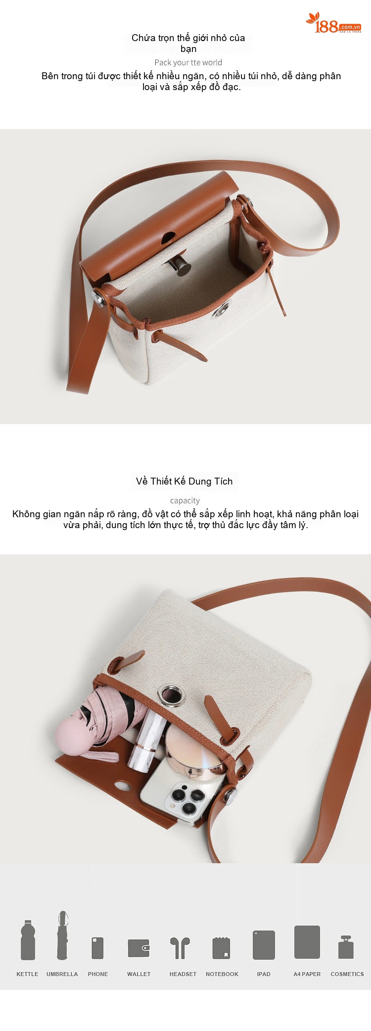 Túi Kẹp Nách Nữ Vải Canvas Mini Herbag Đeo Chéo Màu Trắng Kem, Nâu, Đen chi tiết 3