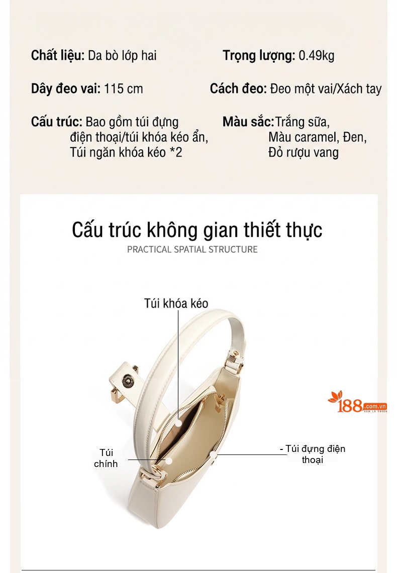 Túi Pháp Baguette Nữ Da Bò Thiết Kế Tối Giản Đeo Vai Đeo Chéo Màu Trắng, Đen, Đỏ... chi tiết 8
