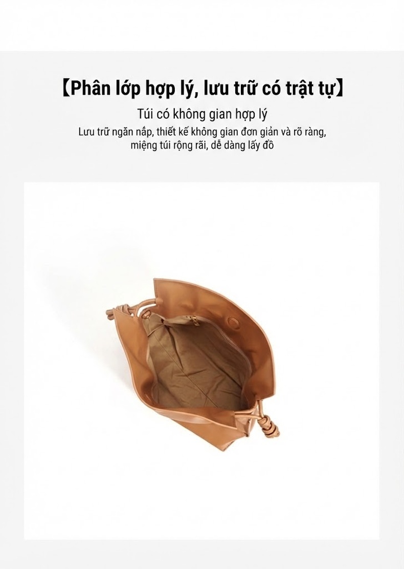 Túi Phúc Lộc Da Bò Dáng Nhún Dây Rút Đeo Vai/Đeo Chéo Sức Chứa Lớn Màu Đen, Nâu chi tiết 16