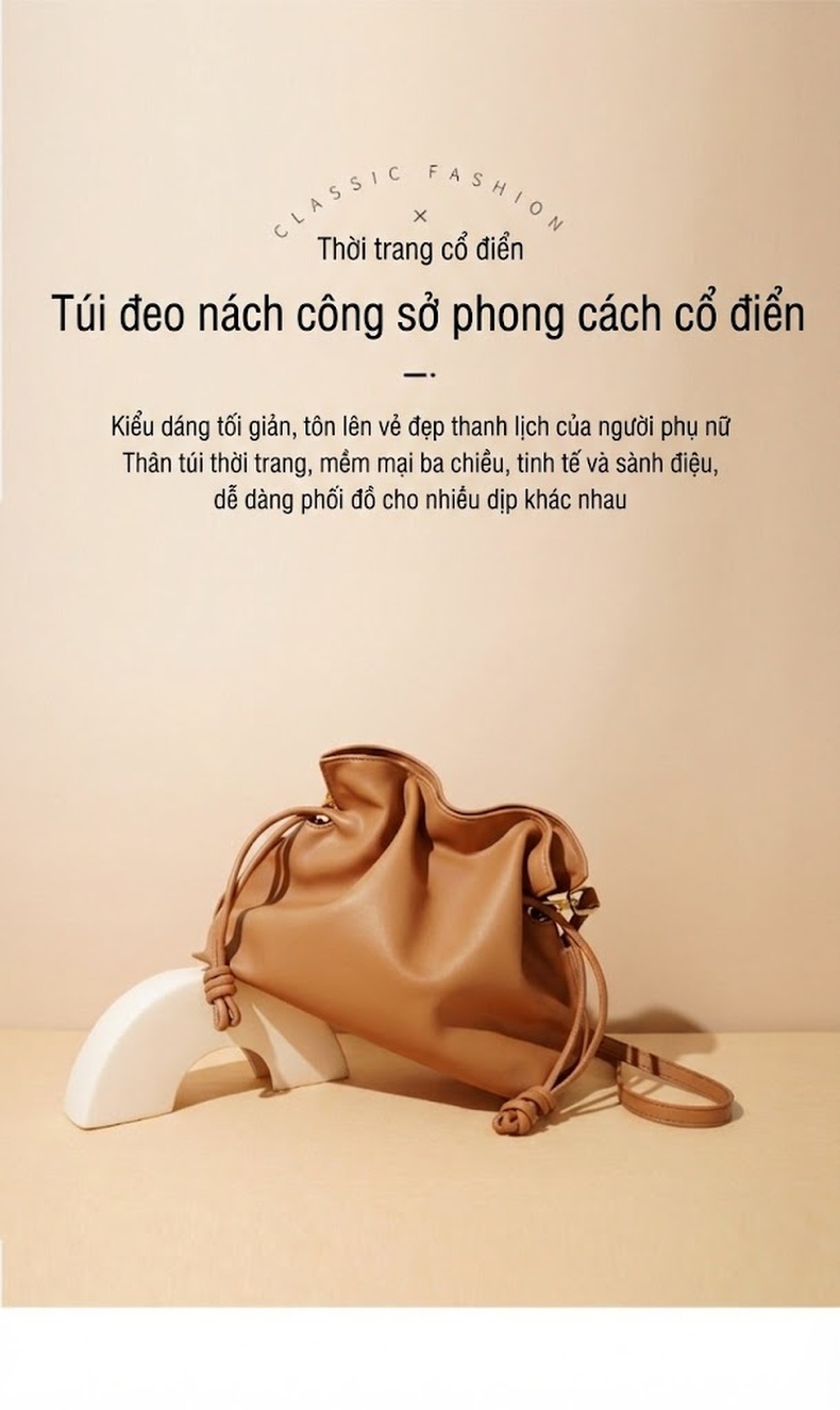 Túi Phúc Lộc Da Bò Dáng Nhún Dây Rút Đeo Vai/Đeo Chéo Sức Chứa Lớn Màu Đen, Nâu chi tiết 11