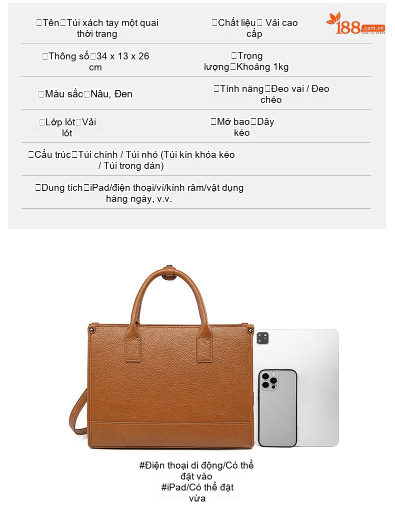 Túi Tote Da Bề Mặt Nhám Đựng Laptop Công Sở Sức Chứa Lớn Kèm Túi Nhỏ Màu Nâu, Đen chi tiết 4