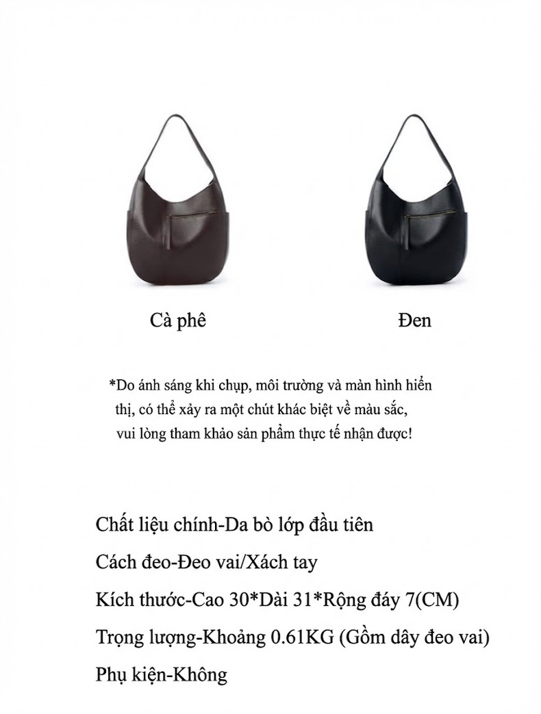Túi Tote Da Bò Cao Cấp, Túi Đeo Vai Nữ Da Thật Lớn, Túi Trăng Lưỡi Liềm Đi Làm Màu Nâu, Đen chi tiết 2
