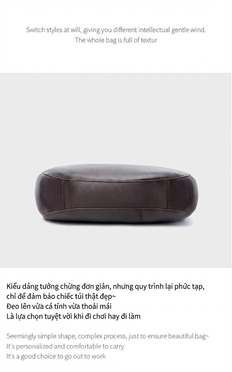 Túi Tote Da Bò Cao Cấp, Túi Đeo Vai Nữ Da Thật Lớn, Túi Trăng Lưỡi Liềm Đi Làm Màu Nâu, Đen chi tiết 23