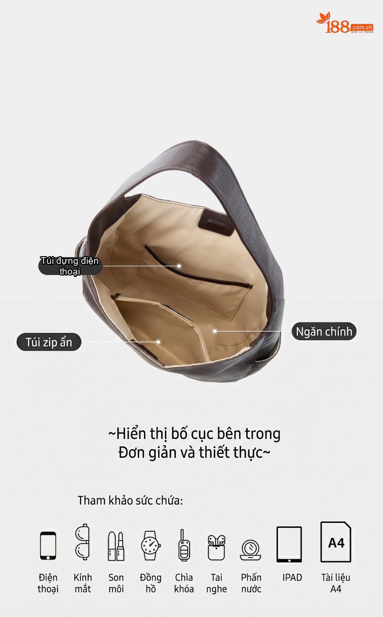 Túi Tote Da Bò Cao Cấp, Túi Đeo Vai Nữ Da Thật Lớn, Túi Trăng Lưỡi Liềm Đi Làm Màu Nâu, Đen chi tiết 4