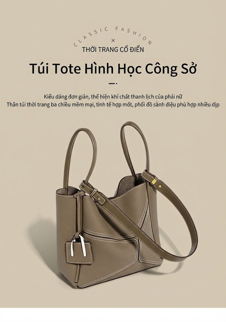 Túi Tote Da Bò Cao Cấp, Túi Đeo Vai, Túi Xách Tay Công Sở Màu Nâu chi tiết 2