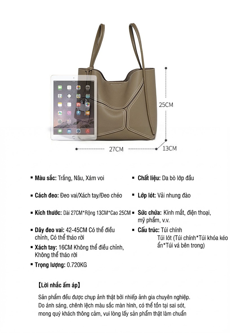 Túi Tote Da Bò Cao Cấp, Túi Đeo Vai, Túi Xách Tay Công Sở Màu Nâu chi tiết 4