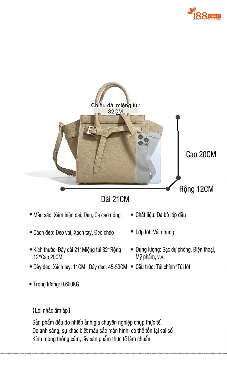 Túi Tote Da Bò Cỡ Lớn Đựng Tài Liệu Công Sở Quai Xách Tay Màu Đen, Nâu, Xám, Kem chi tiết 13