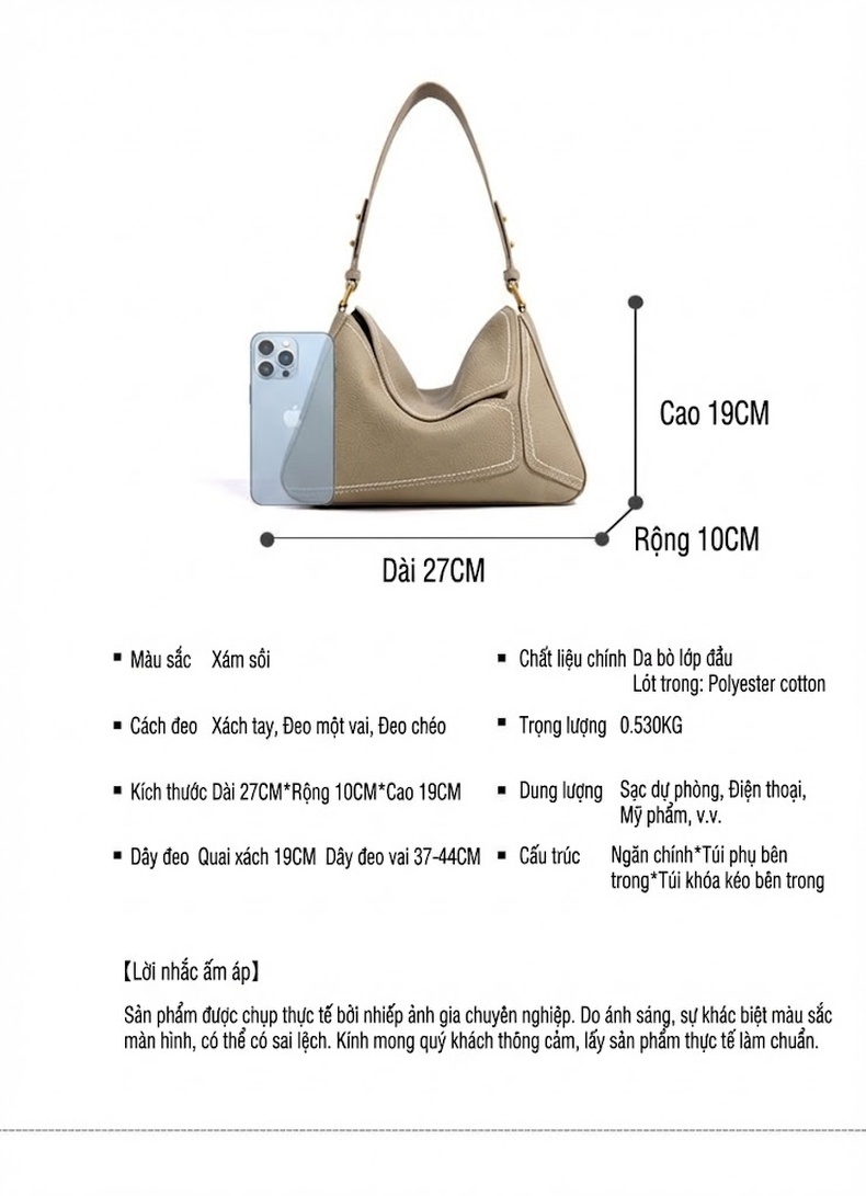 Túi Tote Da Bò Đeo Vai/Đeo Chéo Kiểu Túi Kẹp Nách Màu Xám chi tiết 6