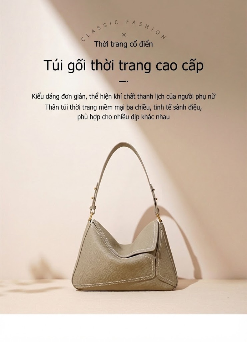 Túi Tote Da Bò Đeo Vai/Đeo Chéo Kiểu Túi Kẹp Nách Màu Xám chi tiết 1