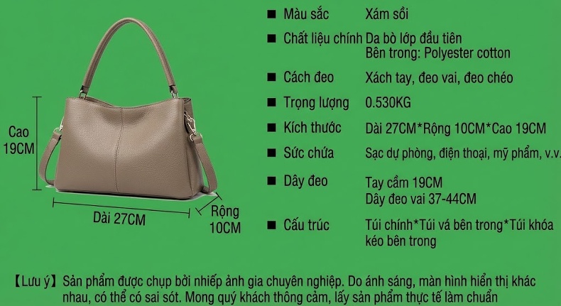 Túi Tote Da Bò Đeo Vai Đeo Chéo Màu Xám chi tiết 7