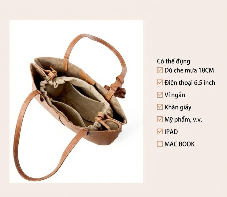 Túi Tote Da Bò Đeo Vai/Đeo Chéo/Xách Tay Công Sở Cao Cấp Dung Tích Lớn Màu Nâu, Kem chi tiết 6