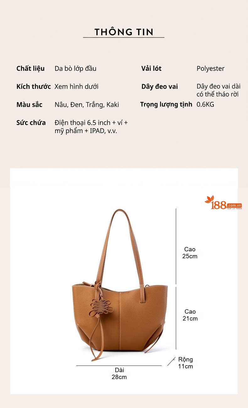 Túi Tote Da Bò Đeo Vai/Đeo Chéo/Xách Tay Công Sở Cao Cấp Dung Tích Lớn Màu Nâu, Kem chi tiết 5