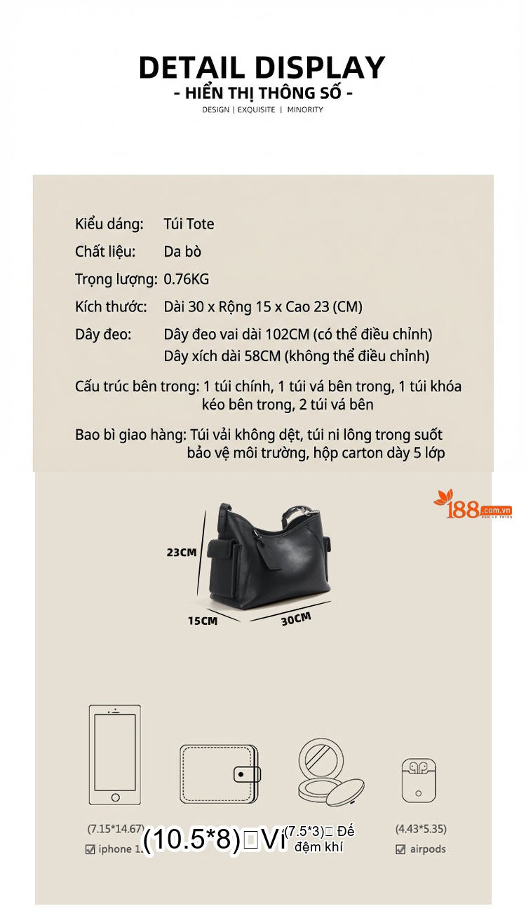 Túi Tote Da Bò Đựng Tài Liệu Khổ Lớn Dáng Postman Đeo Vai/Đeo Chéo Màu Đen chi tiết 4