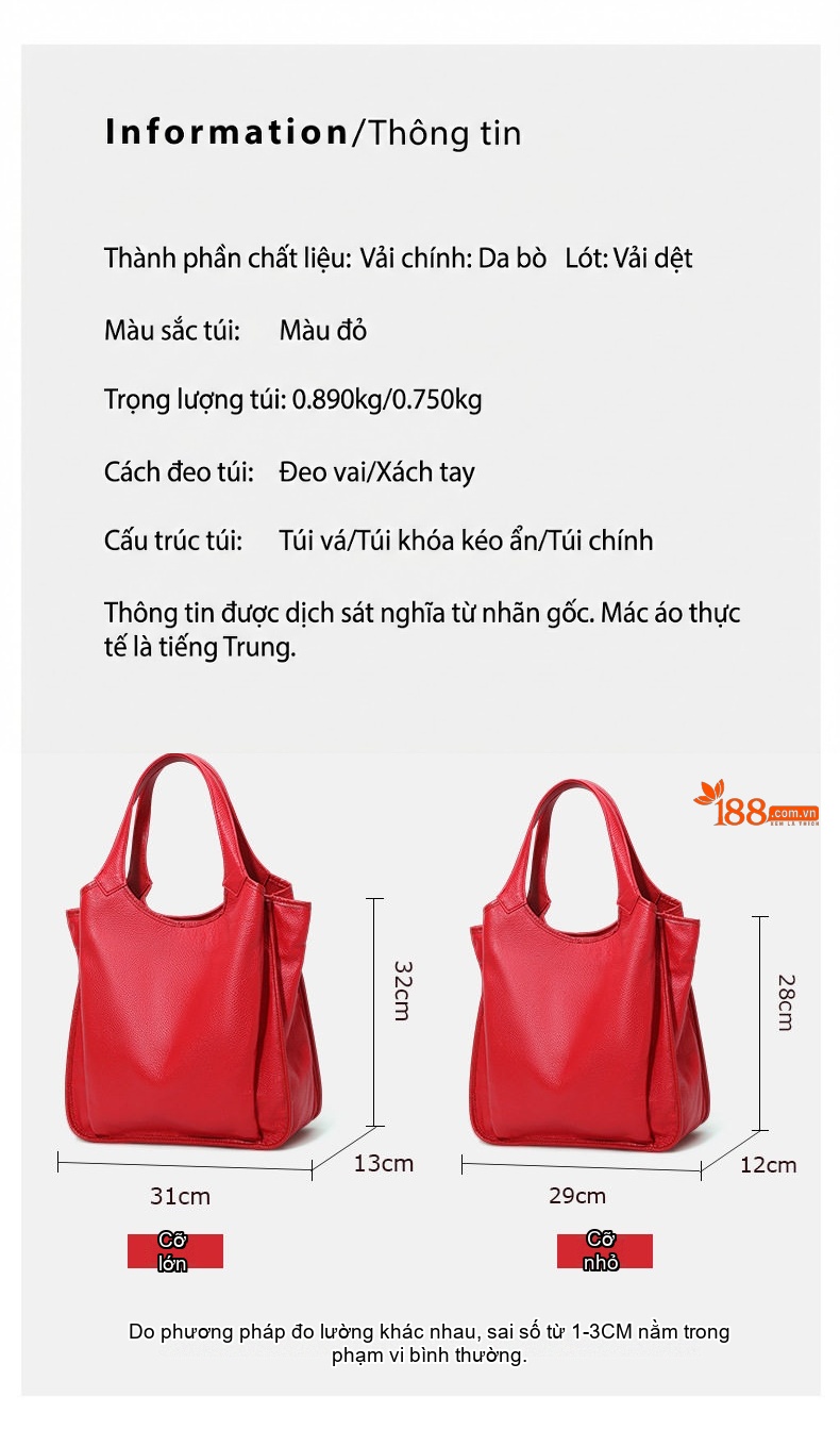Túi Tote Da Bò Dung Tích Lớn Thời Trang Đeo Vai Màu Đỏ chi tiết 3