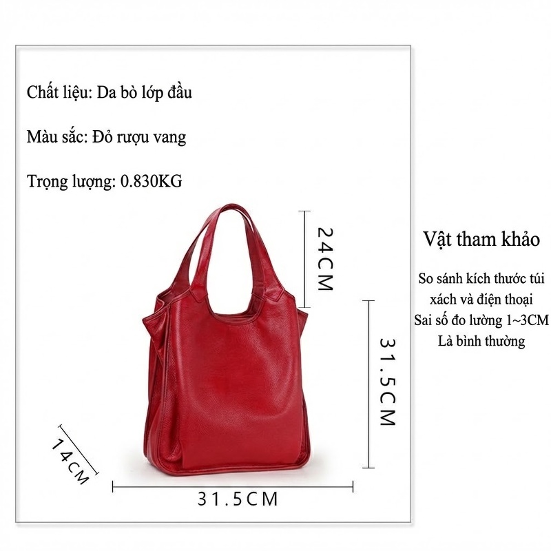 Túi Tote Da Bò Dung Tích Lớn Thời Trang Đeo Vai Màu Đỏ chi tiết 15