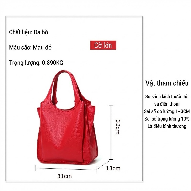 Túi Tote Da Bò Dung Tích Lớn Thời Trang Đeo Vai Màu Đỏ