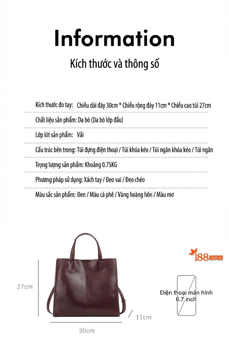 Túi Tote Da Bò Đựng Vừa A4 Dáng Vuông, Túi Đeo Vai Nữ Da Thật Màu Đỏ Rượu Vang chi tiết 3
