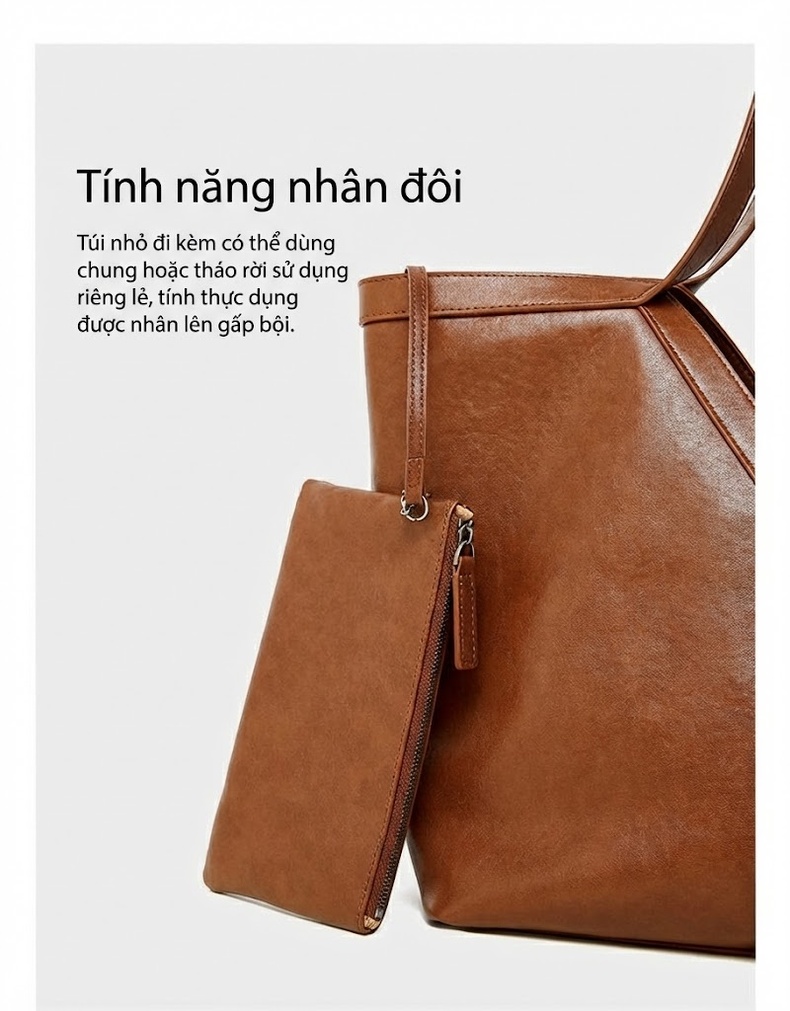 Túi Tote Da Bò Hàn Quốc Đơn Giản Đeo Vai Sức Chứa Lớn Màu Nâu, Đen chi tiết 4