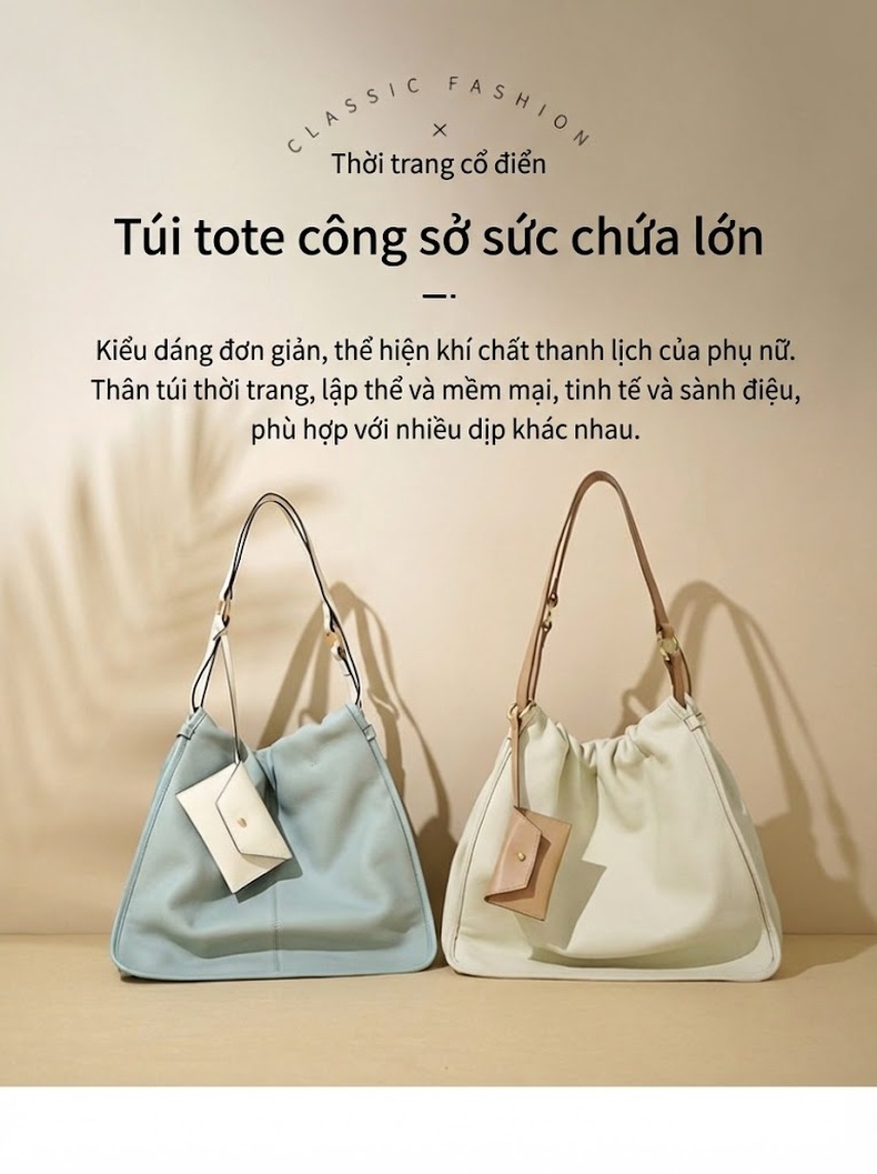 Túi Tote Da Bò Hobo Nữ Thiết Kế Nhỏ Gọn Cao Cấp Đựng Được Nhiều Đồ Màu Trắng, Xanh chi tiết 2