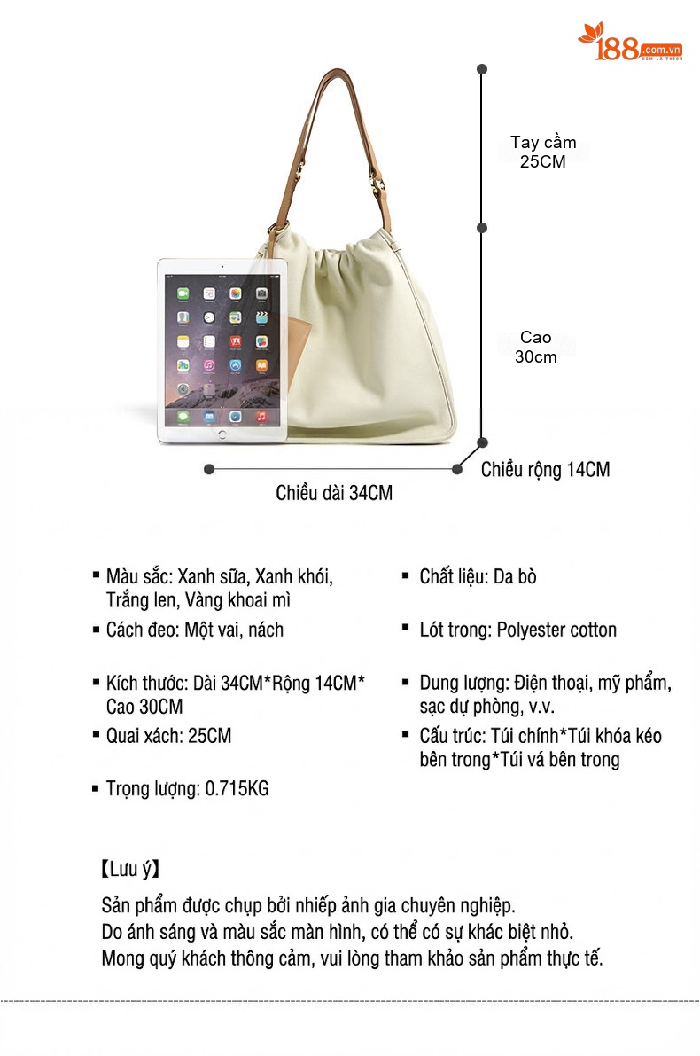 Túi Tote Da Bò Hobo Nữ Thiết Kế Nhỏ Gọn Cao Cấp Đựng Được Nhiều Đồ Màu Trắng, Xanh chi tiết 8