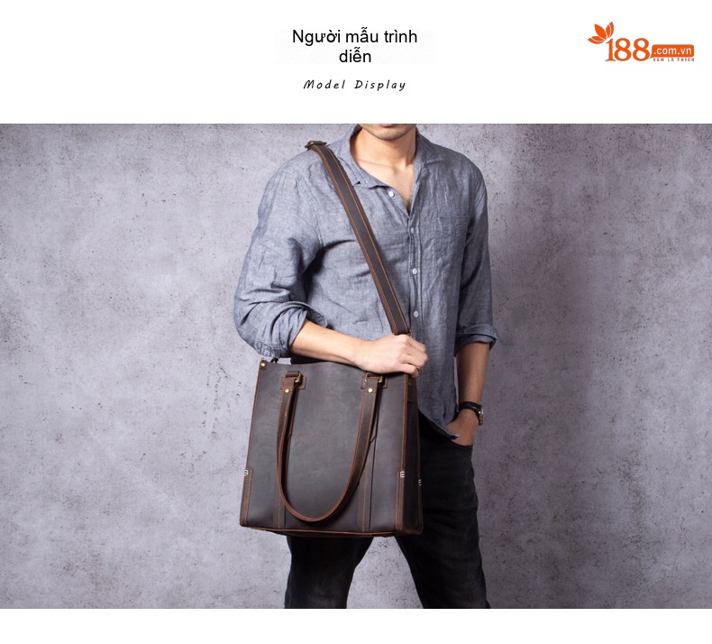 Túi Tote Da Bò Mad Horse Thủ Công Vintage Đeo Vai, Đeo Chéo, Xách Tay Màu Nâu chi tiết 1