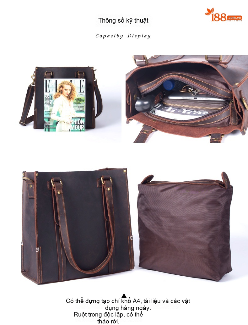 Túi Tote Da Bò Mad Horse Thủ Công Vintage Đeo Vai, Đeo Chéo, Xách Tay Màu Nâu chi tiết 15