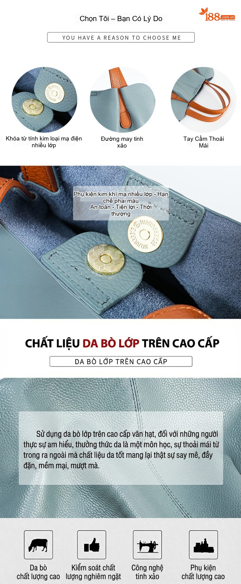 Túi Tote Da Bò Mẹ Con Công Sở Lớn Đeo Chéo Đựng Tài Liệu Màu Xám, Xanh chi tiết 15