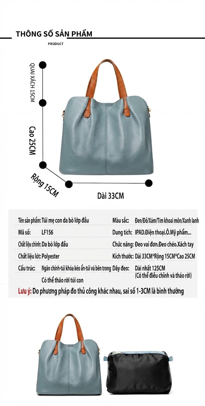 Túi Tote Da Bò Mẹ Con Công Sở Lớn Đeo Chéo Đựng Tài Liệu Màu Xám, Xanh chi tiết 25