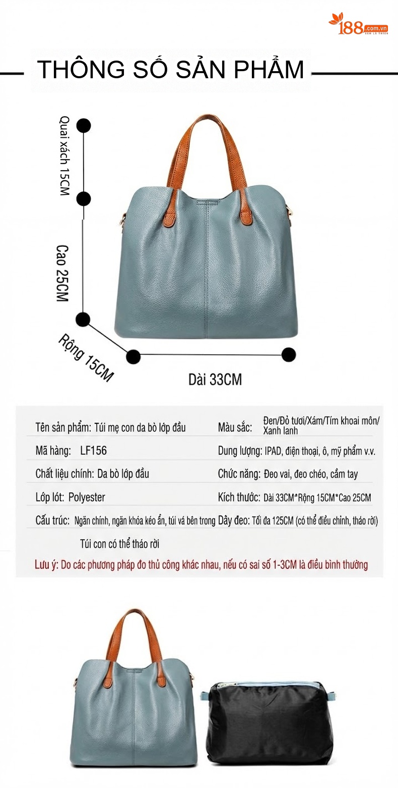Túi Tote Da Bò Mẹ Con Công Sở Lớn Đeo Chéo Đựng Tài Liệu Màu Xám, Xanh chi tiết 36