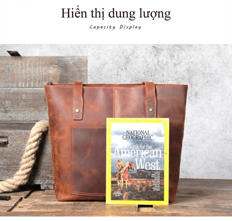 Túi Tote Da Bò Mộc Vintage Đeo Vai Phong Cách Âu Mỹ chi tiết 9