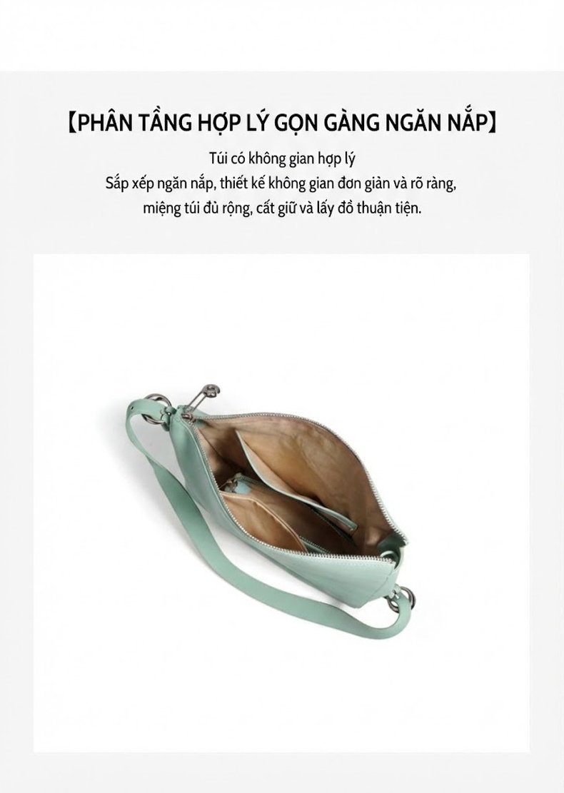 Túi Tote Da Bò Nữ Cỡ Lớn Chất Lượng Cao Đeo Vai, Đeo Chéo Màu Xanh Bạc Hà, Trắng Kem chi tiết 7