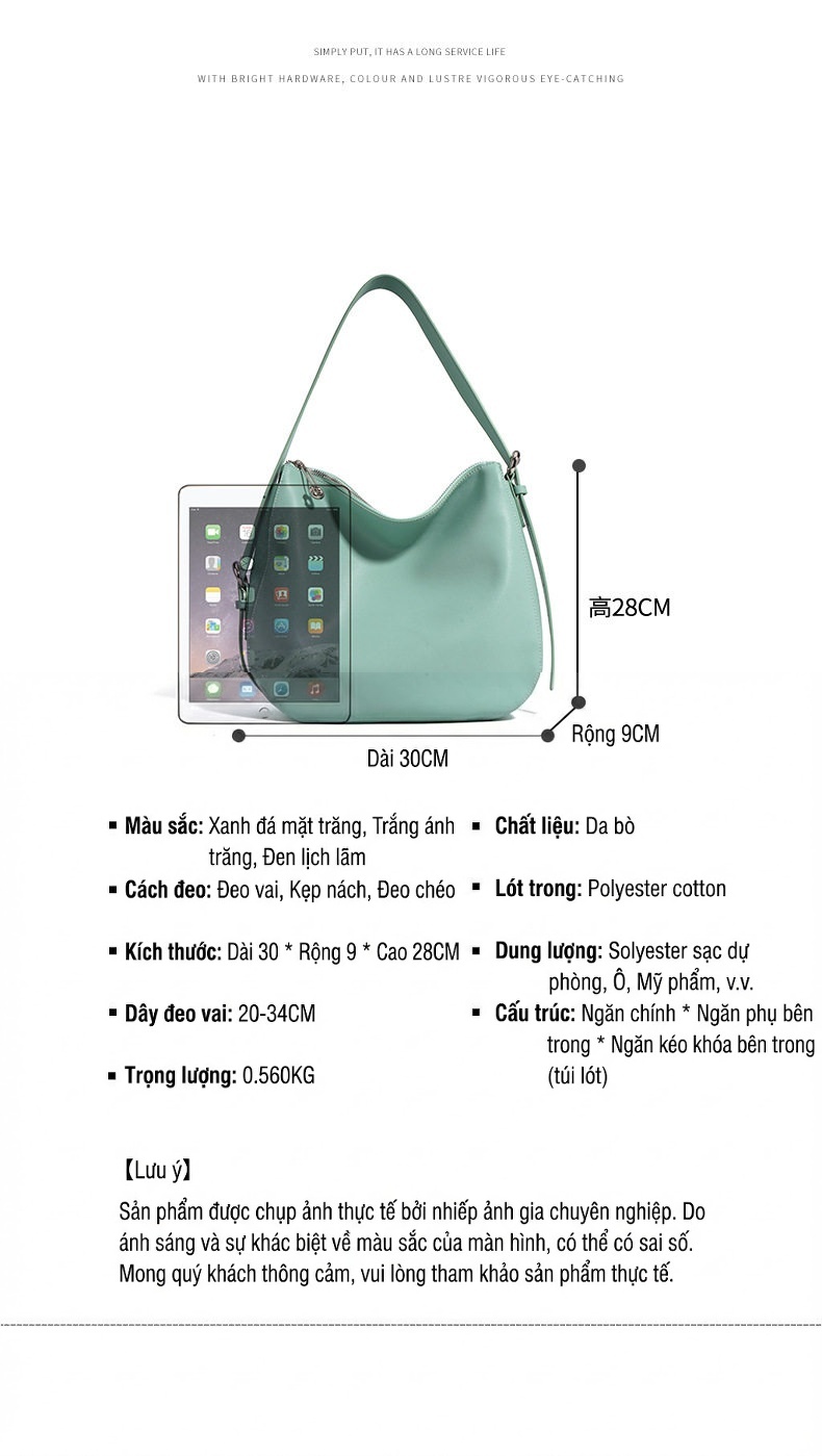 Túi Tote Da Bò Nữ Cỡ Lớn Chất Lượng Cao Đeo Vai, Đeo Chéo Màu Xanh Bạc Hà, Trắng Kem chi tiết 6