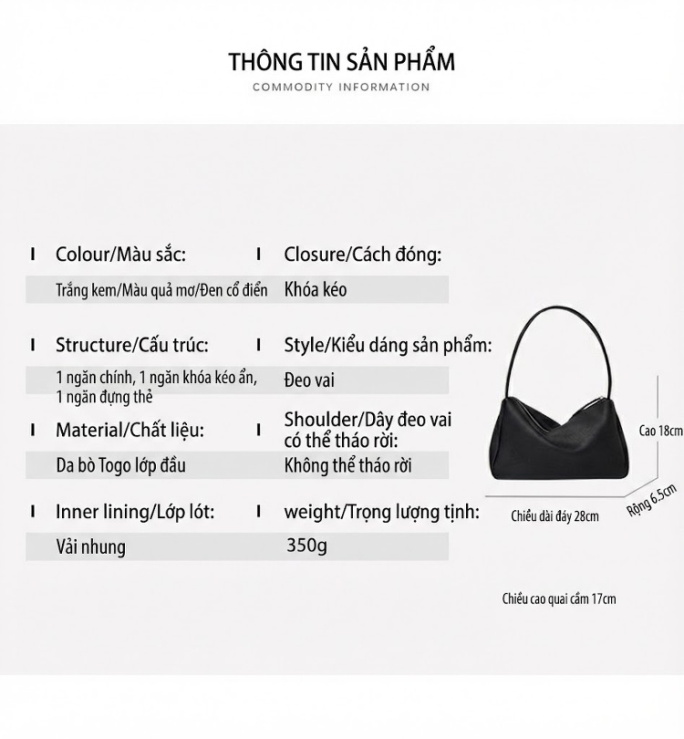 Túi Tote Da Bò Pháp Quai Xách Tay Đeo Vai Nữ Màu Nâu, Trắng chi tiết 6