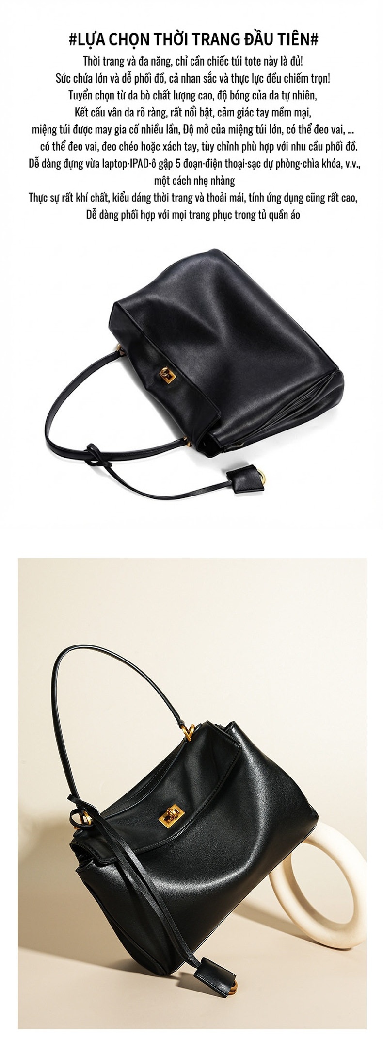 Túi Tote Da Bò Rodeobag Phong Cách Công Sở, Túi Đeo Vai/Đeo Chéo Nữ Dung Tích Lớn Màu Đen chi tiết 6