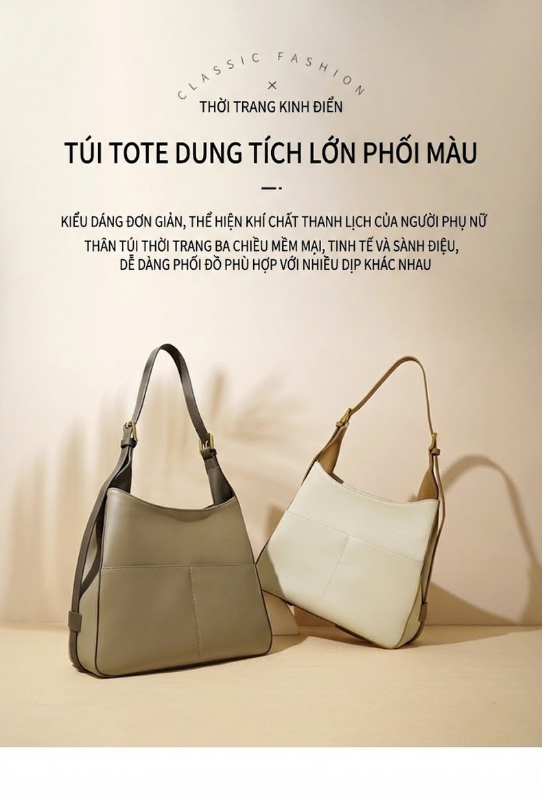 Túi Tote Da Bò Sức Chứa Lớn Đeo Vai, Đeo Chéo, Xách Tay Màu Trắng Kem, Nâu chi tiết 2