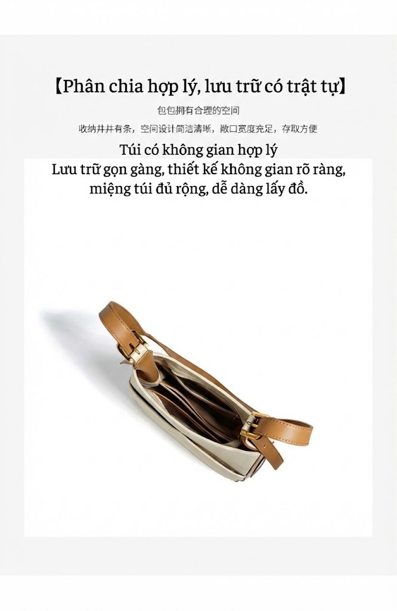Túi Tote Da Bò Sức Chứa Lớn Đeo Vai, Đeo Chéo, Xách Tay Màu Trắng Kem, Nâu chi tiết 10