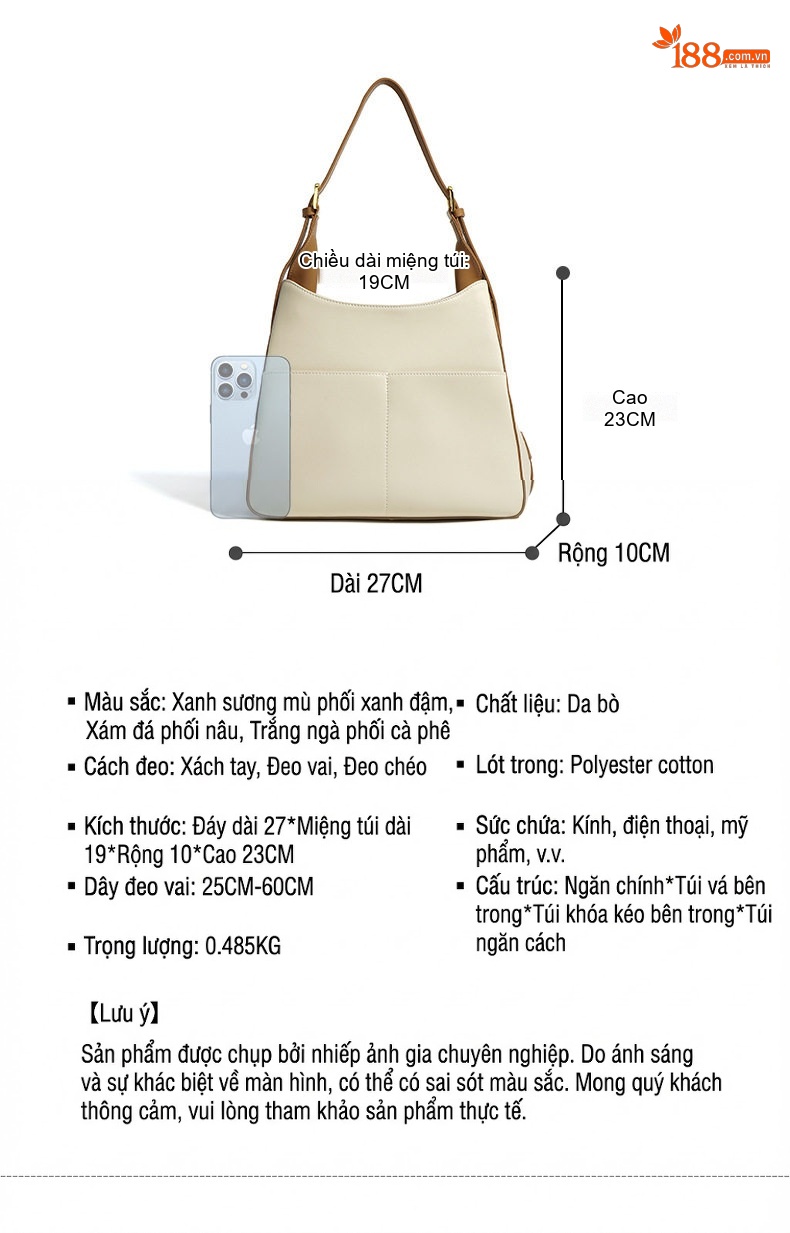 Túi Tote Da Bò Sức Chứa Lớn Đeo Vai, Đeo Chéo, Xách Tay Màu Trắng Kem, Nâu chi tiết 9