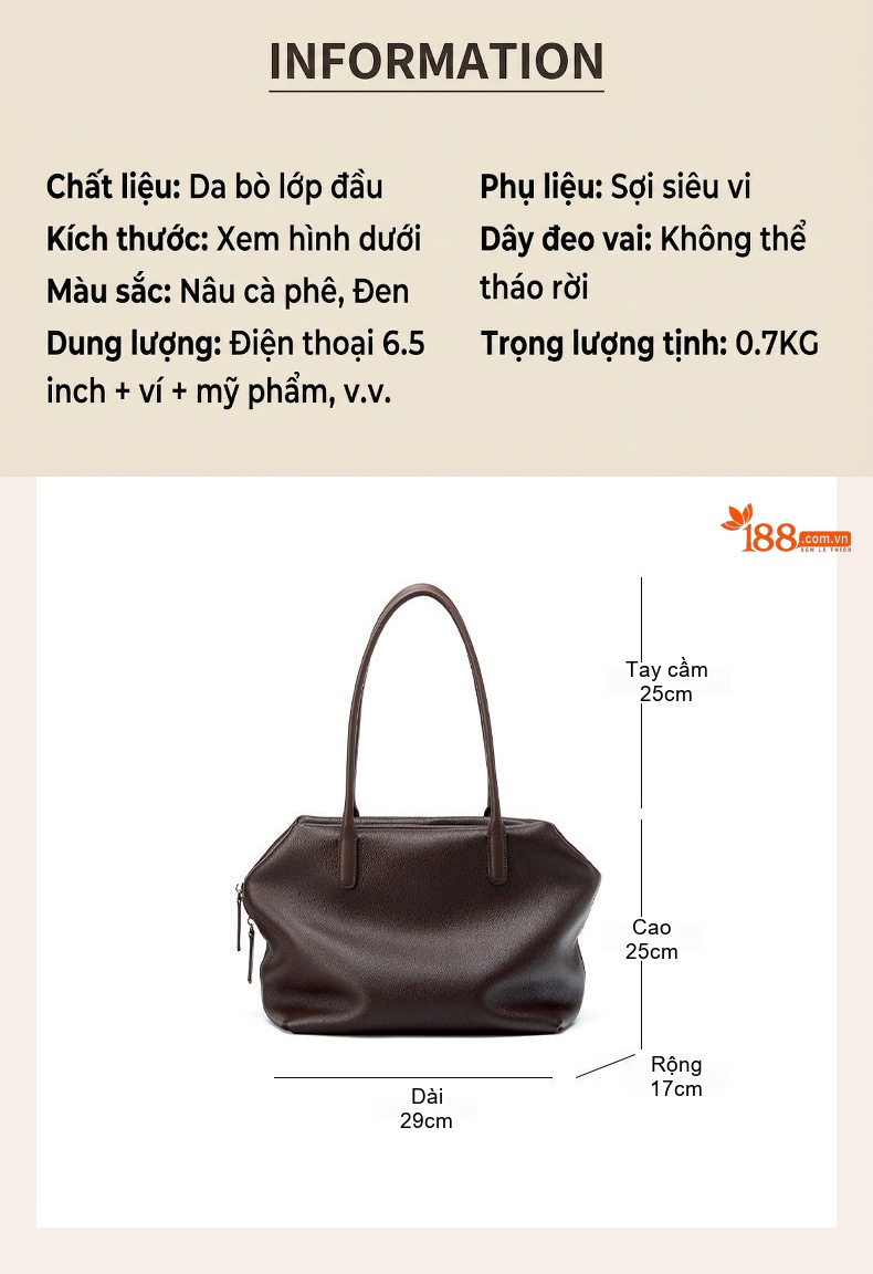 Túi Tote Da Bò Sức Chứa Lớn Đeo Vai Phong Cách Thanh Lịch Màu Nâu chi tiết 5