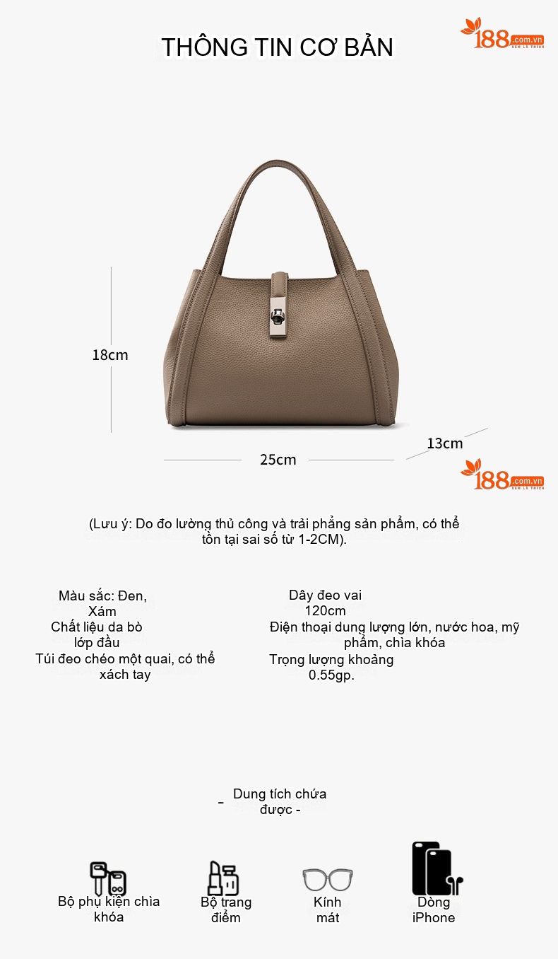 Túi Tote Da Bò Sức Chứa Lớn Đeo Vai, Xách Tay, Đeo Chéo Màu Đen, Xám chi tiết 10