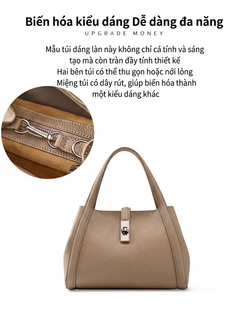 Túi Tote Da Bò Sức Chứa Lớn Đeo Vai, Xách Tay, Đeo Chéo Màu Đen, Xám chi tiết 6