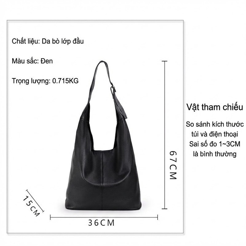 Túi Tote Da Bò Sức Chứa Lớn Phong Cách Công Sở Màu Đen chi tiết 11