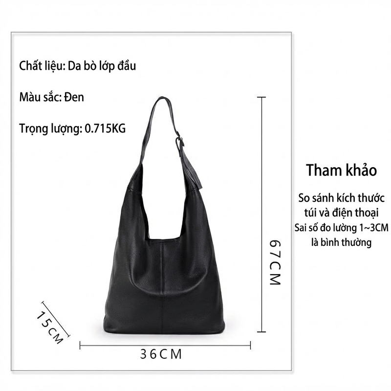 Túi Tote Da Bò Sức Chứa Lớn Phong Cách Công Sở Màu Đen