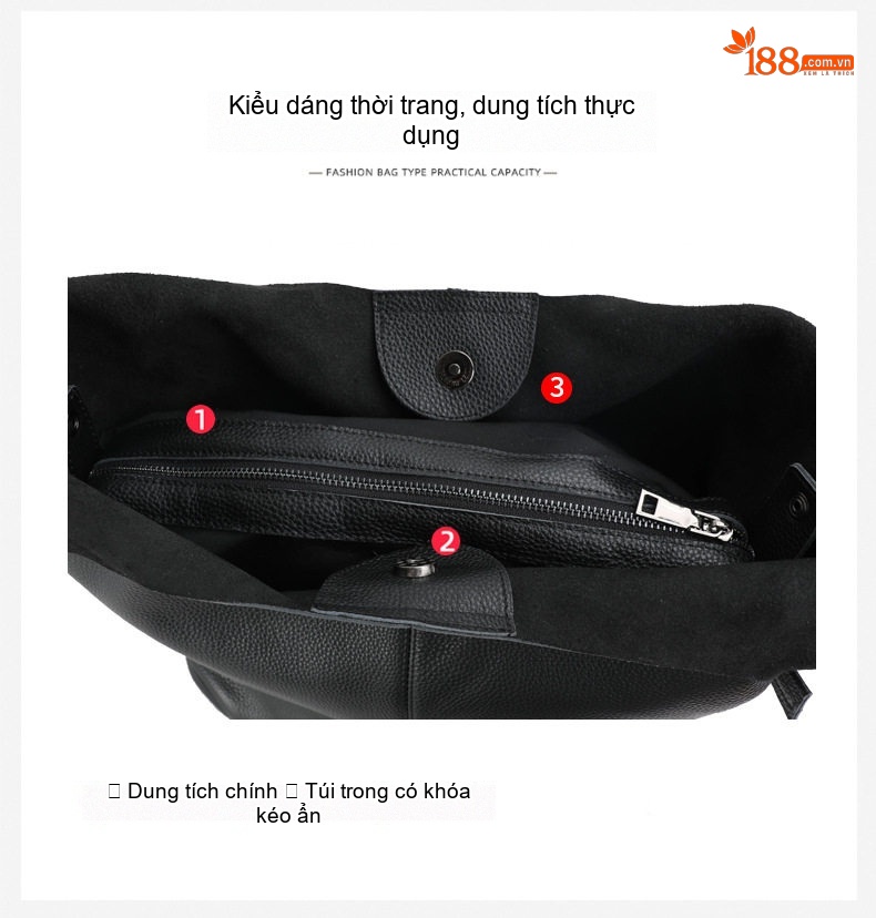 Túi Tote Da Bò Sức Chứa Lớn Phong Cách Công Sở Màu Đen chi tiết 7
