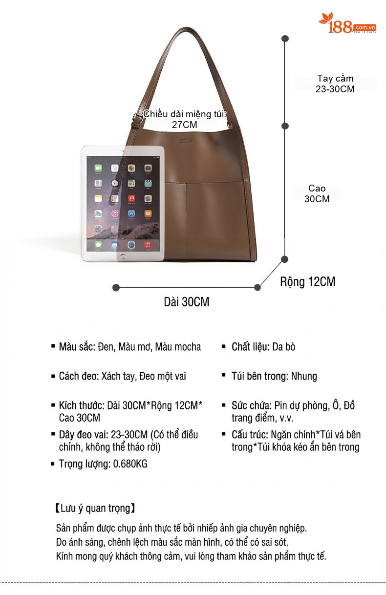Túi Tote Da Bò Sức Chứa Lớn Thiết Kế Tối Giản Đeo Vai Màu Nâu, Be, Đen chi tiết 7