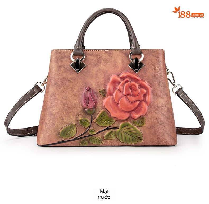 Túi Tote Da Bò Thật Khắc Hoa Hồng Vintage Đeo Vai, Đeo Chéo Màu Nâu, Cam chi tiết 16