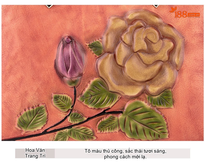 Túi Tote Da Bò Thật Khắc Hoa Hồng Vintage Đeo Vai, Đeo Chéo Màu Nâu, Cam chi tiết 22