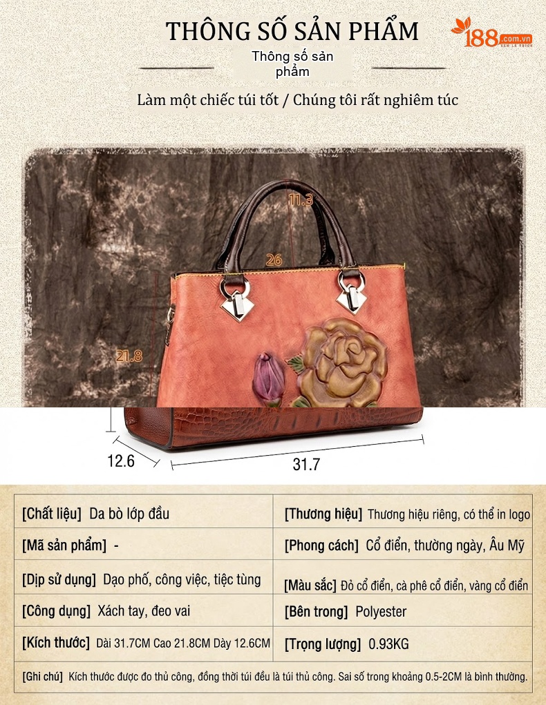 Túi Tote Da Bò Thật Khắc Hoa Hồng Vintage Đeo Vai, Đeo Chéo Màu Nâu, Cam chi tiết 4